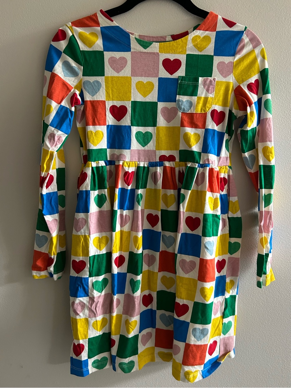 Mini Boden Long Sleeve Multi Chequerboard Hearts Dress 11-12Y